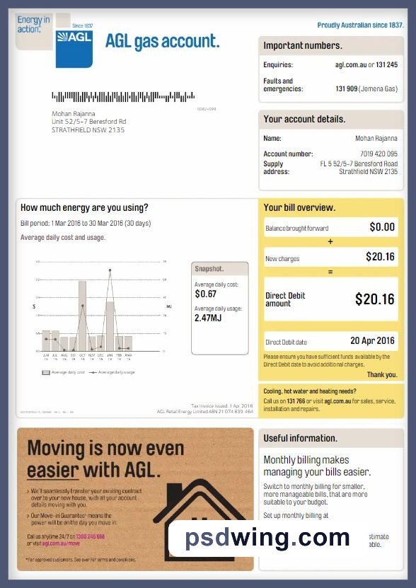 Australia AGL Gas Utility Bill Version 3